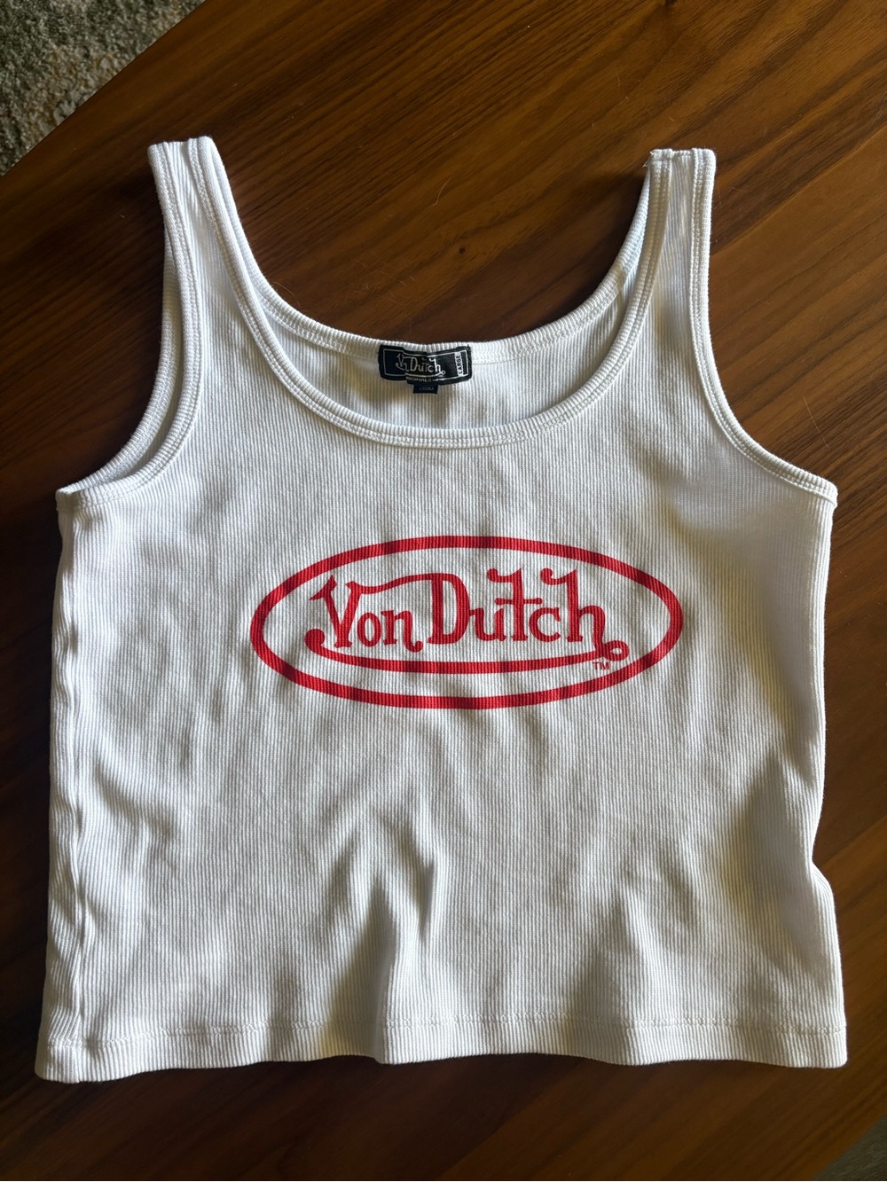 Von Dutch White Ribbed Tank with Black Logo Tag